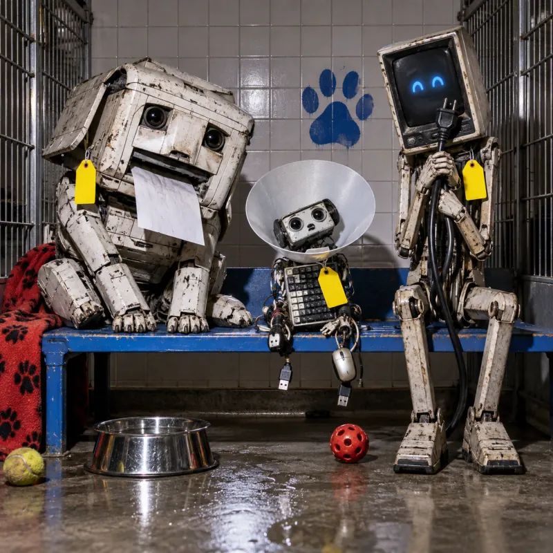 Three abandoned robots wait hopefully on an animal shelter bench