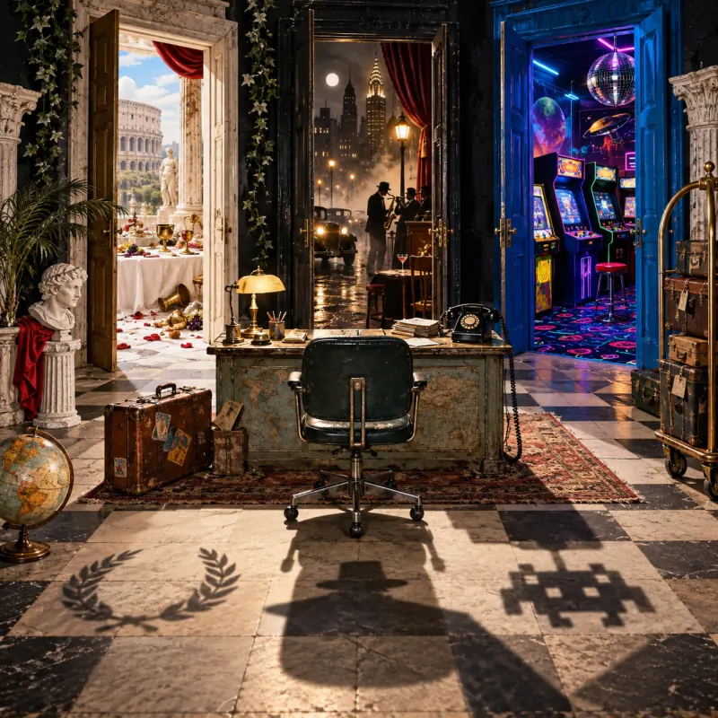 A travel agency opens onto ancient Rome, a jazz-age city and a neon arcade