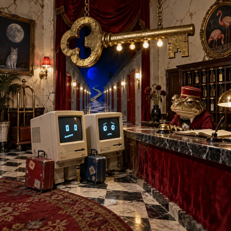 Two nervous computers check into a surreal motel run by a toad