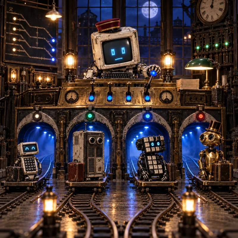 A retro railway signal operator routes four machine passengers through glowing tunnels