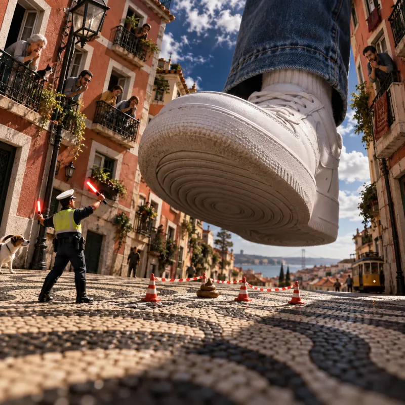 A giant white sneaker hovers over a tiny pavement disaster in Lisbon