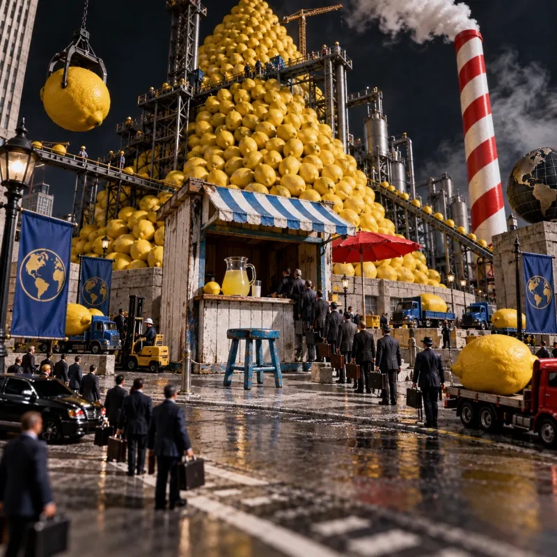 A tiny lemonade stand commands an industrial empire built around a mountain of lemons
