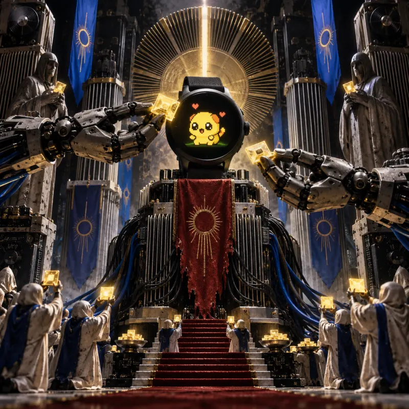 Robot hands offer golden tokens to a tiny digital pet in a mechanical cathedral